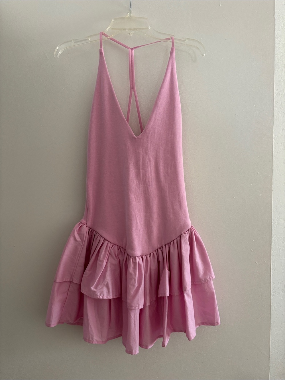 Zara Pink Ruffle Tiered Slip Dress with Deep V & Strappy Back